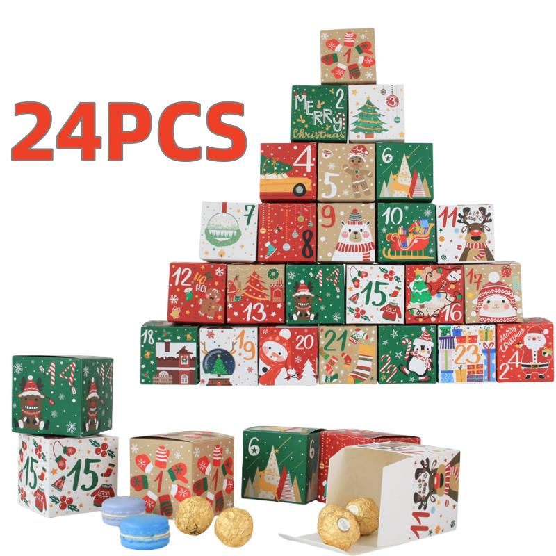 Kraft Paper Box - 24個/セット クリスマスアドベントカレンダーボックス クラフト紙製キャンディボックス クリスマスまで24日カウントダウンギフトボックス 新年飾り
