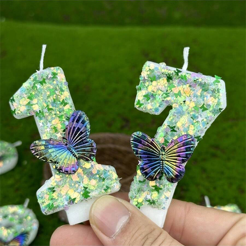 Candle Supplies Usa - 1Pc グリーンスパンコール番号 0-9 蝶ケーキキャンドル誕生日パーティーの装飾好意カップケーキトッパーケーキ装飾用品