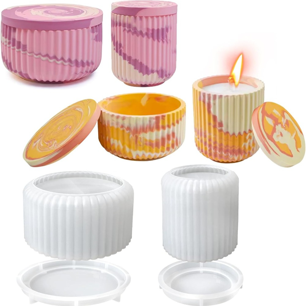 Candle Vessel Supplies - シリコーン型ストライプラウンドコンクリートキャンドルジャー蓋付き DIY セメントキャンドル容器石膏容器家の装飾用品